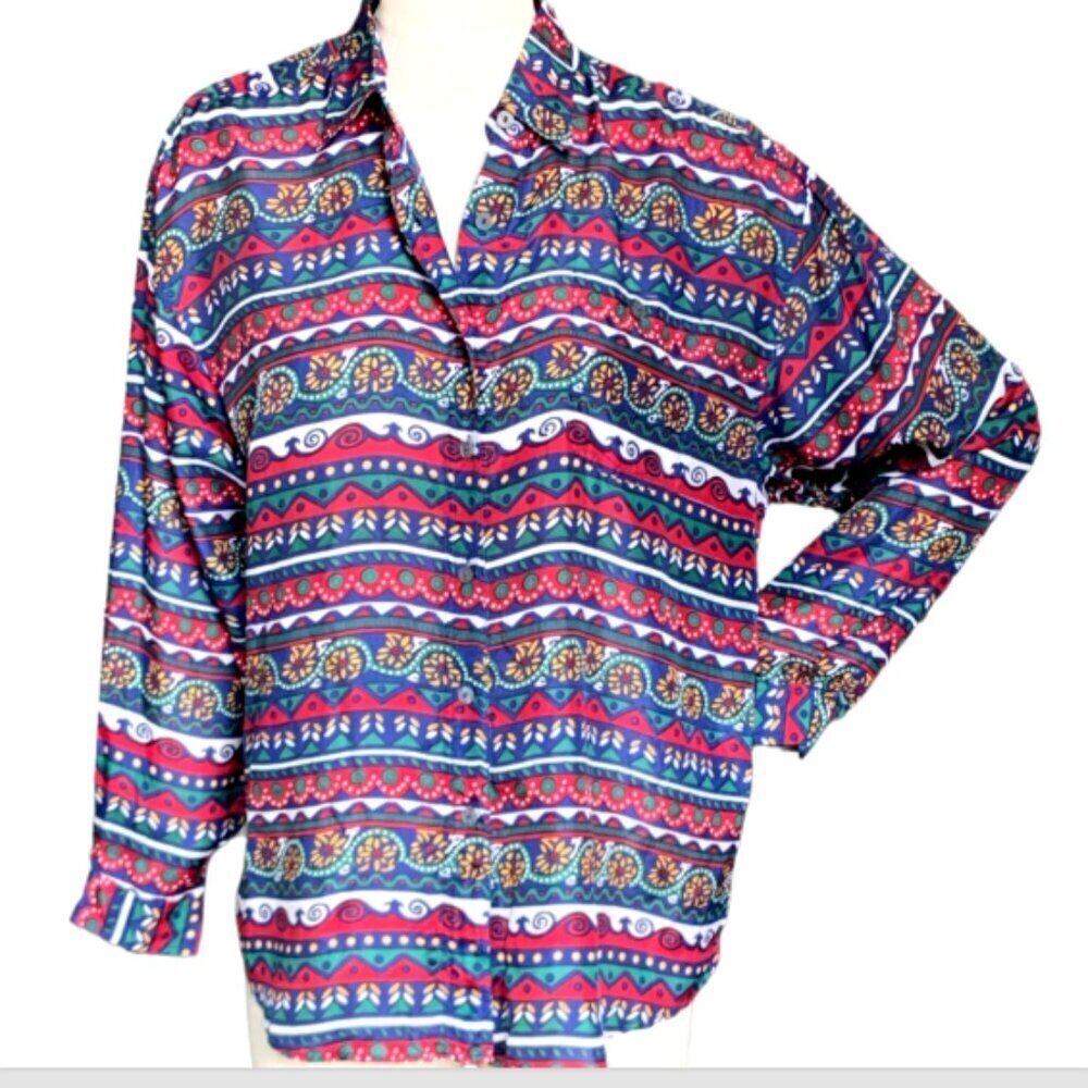 Arizona Jean Co 100% Silk Button Front Shirt Multicolor‎ Mixed Print  XL #96H
